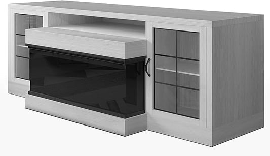CharaVector 3-Sided Farmhouse TV Stand for TVs up to 75'', Modern TV Console with Glass Door Storage Cabinet, 60'' Large TV Stands for 30''Fireplace, White (ONLY TV Stand)