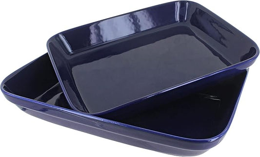 Blue Rose Polish Pottery - Blue Cobalt Rectangular Baker Set - 2 Bakers - Unique, Dishwasher Safe, & Durable Bakeware