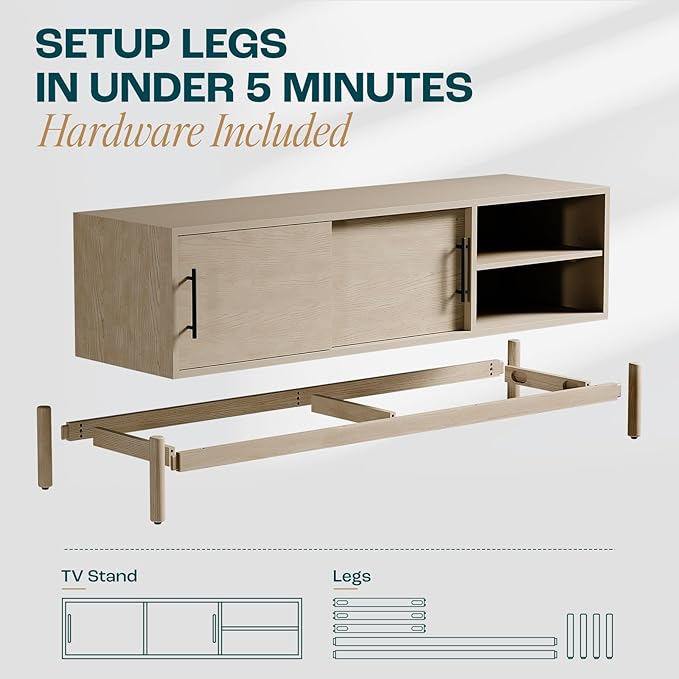 Bme Lyra 65 Inch Solid Wood TV Stand - Easy Assembly - Entertainment Center with Storage - Mid Century TV Console for Living Room, Bedroom, Guest Room, Oak Light Grey