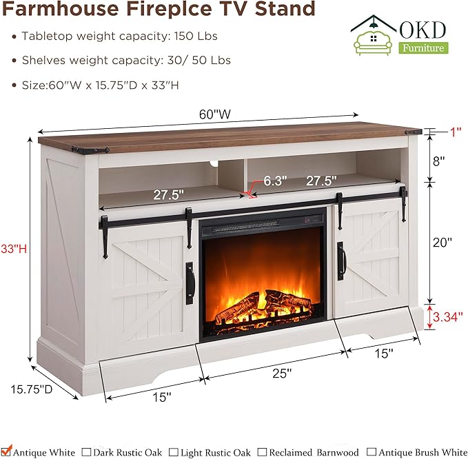 OKD Fireplace TV Stand for 65+ Inch TV, 33" Tall Highboy Farmhouse Entertainment Center w/ 23'' Electric Fireplace, Rustic Media Console w/Sliding Barn Door for Living Room, Antique White