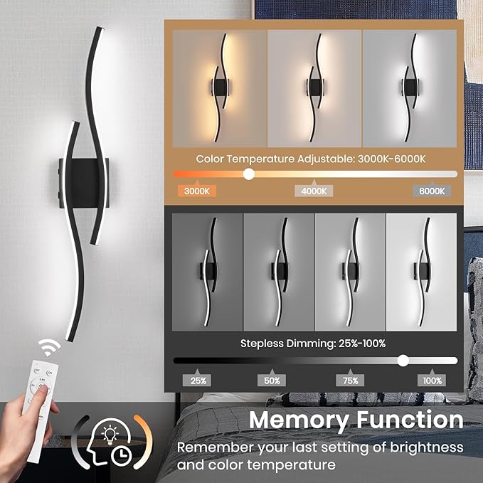 Battery Operated Wall Sconces, Rechargeable Wall Sconces, 3000K-6500K LED Wireless Wall Light, Modern Wall Lamp not Hardwired for Living Room Bedroom Hallway, 31.5in-Black