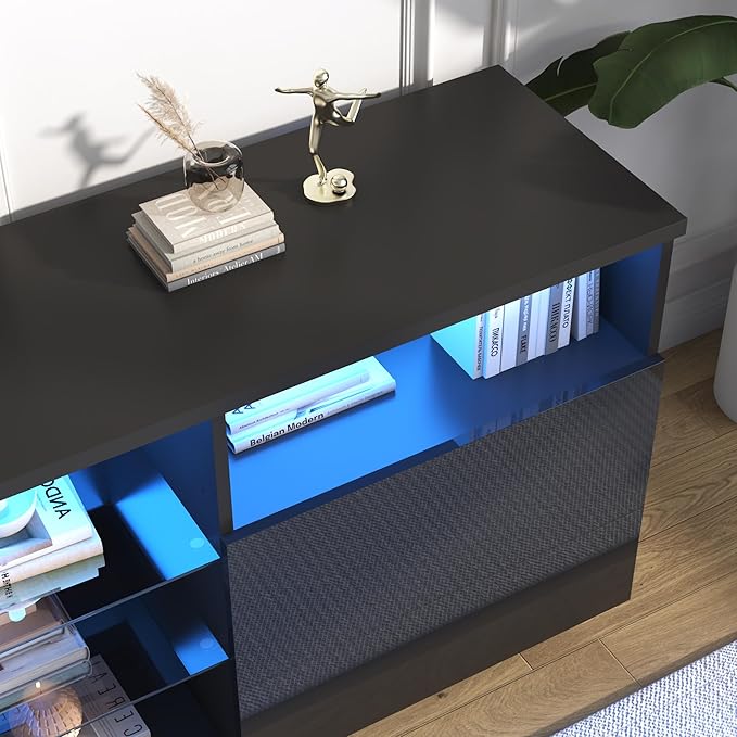 St.Mandyu LED TV Stand for 75/85/90 inch TV, Modern Television Table Center Media Console with Drawer and Led Lights, High Glossy Entertainment Center for Living Game Room Bedroom(Black)