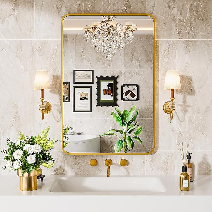 Bathroom Mirror 30" X 22" Wall Mount Dresser Metal Frame Rounded Rectangular Mirror Over Sink Vanity Hungs Horizontally Or Vertically for Bedroom, Entryway, Living Room,Gold