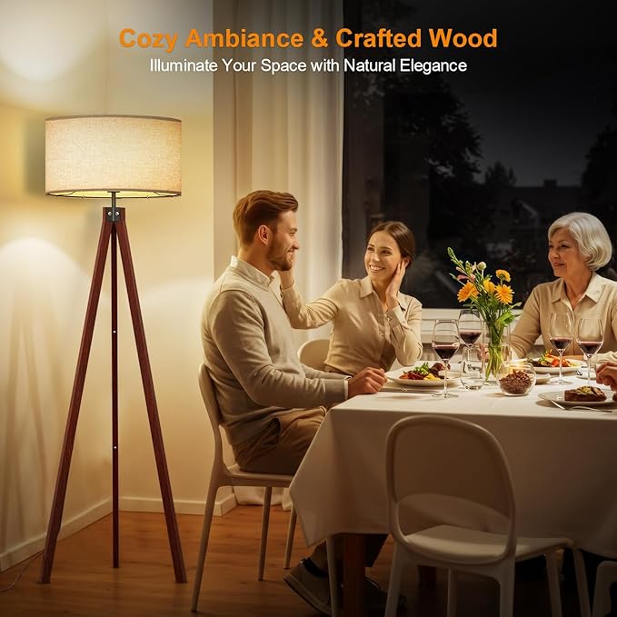 LEPOWER Wood Tripod Floor Lamp, Mid Century Standing Lamp, Modern Design Studying Light for Living Room, Bedroom, Study Room and Office, Flaxen Linen Shade with E26 Base Brown