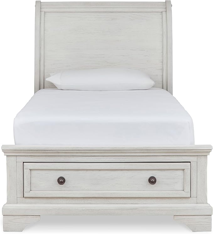 Signature Design by Ashley Robbinsdale Casual Twin Sleigh Storage Platform Bed with 1 Drawer, Foundation or Box Spring Not Needed, White