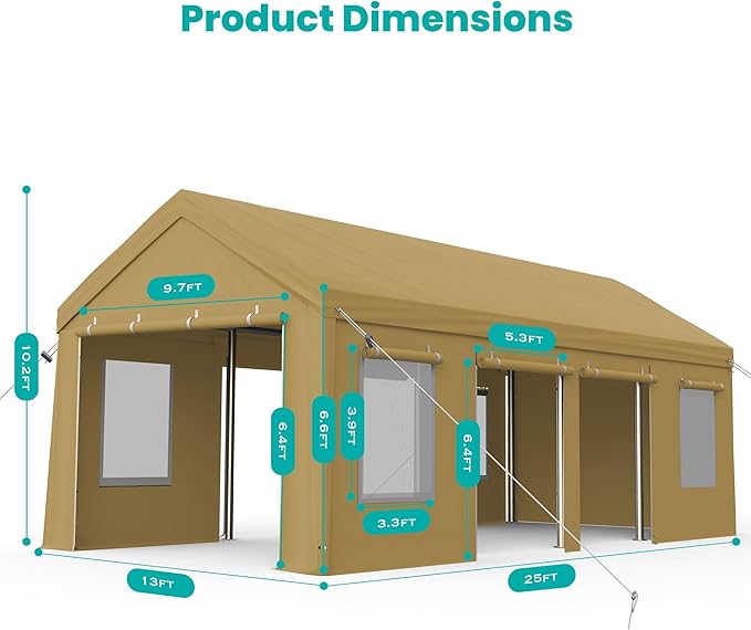 13x25ft Carport, Heavy Duty Carport with Reinforced Steel Poles, Upgraded Portable Garage with Doors & Window, UV Resistant All-Season Waterproof Tarp, for Car, Truck, Boat (Yellow)