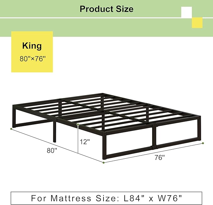 EMODA 12 Inch King Size Bed Frame No Box Spring Needed, Heavy Duty Metal Platform with Steel Slats, Noise Free, Easy Assembly, Black