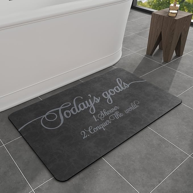 MontVoo -Bath Mat Rug- Non Slip Quick Dry Absorbent Thin Bathroom Rugs Fit Under Door-Faux Suede Surface Bathroom Floor Mats-Shower Rug for in Front of Bathtub Shower 17 X27.5 Dark Grey Text Pattern