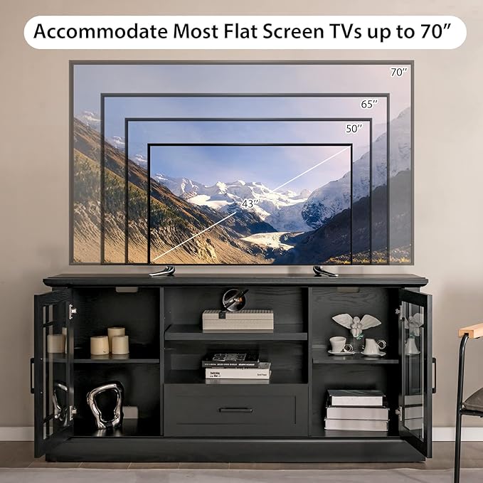 Tangkula Farmhouse TV Stand for TV up to 70 Inch, Tall Media Console Table w/2 Glass Doors, Entertainment Center w/Cubbies & Drawer, Storage Cabinet or Sideboard Buffet for Living Room (Black)