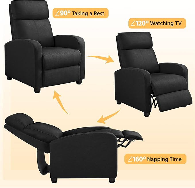 Yaheetech Fabric Recliner Chair Sofa Ergonomic Adjustable Single Sofa with Thicker Seat Cushion Modern Home Theater Seating for Living Room Matte Black