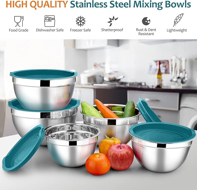 E-far Mixing Bowls with Teal Blue Lids Set of 5, Stainless Steel Mixing Bowls Metal Nesting Bowls with Airtight Covers for Cooking, Baking, Serving, Storage - Size 0.7/1/1.5/3/4.6QT - Dishwasher Safe