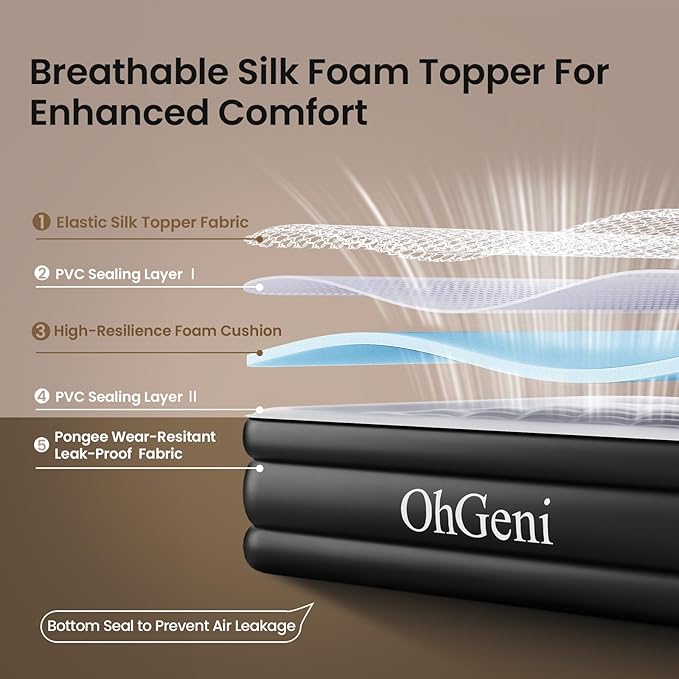 OhGeni 18" Luxury Queen Air Mattress with Built-in Pump, Inflatable Bed with Silk Foam Topper for Superior Comfort, Premium Blow-Up Mattress for Home, Camping & Guest, Easy Setup, Extra Support, Black