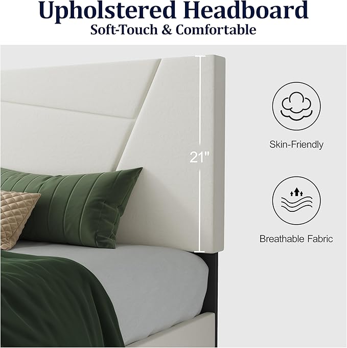 Full Size Bed Frame, Full Platform Bed Frame with Velvet Upholstered Headboard, Geometric, Sturdy Frame and Wooden Slats, Noiseless, No Box Spring Required, Easy to Assemble，Beige