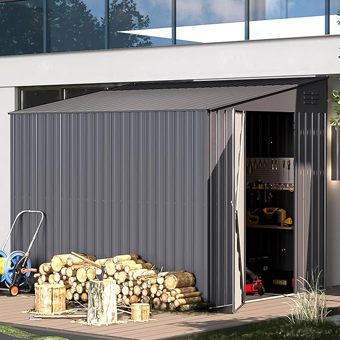 AECOJOY Shed Lean to Storage Shed, Outdoor 6' x 8' Metal Wall Side Bike Shed & Outdoor Storage, Garden Storage Cabinet for Backyard, Patio and Outdoor Use in Dark Grey