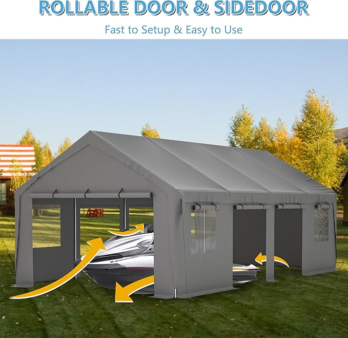 Carport 25x13ft Heavy Duty Canopy Storage Shed,Extra Large Portable Outdoor Garage with 4 Roll-up Doors & 4 Windows and All-Season Tarp Cover UV Resistant Waterproof for Car,Truck,Boat
