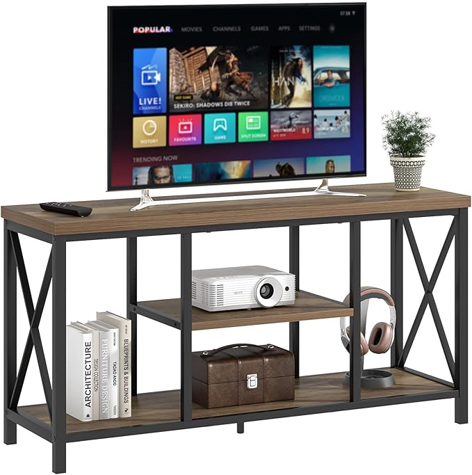 FOLUBAN TV Stand for TVs up to 55 Inch, Rustic Wood and Metal Entertainment Center with Storage, Modern Industrial Media TV Console Table for Living Room Bedroom, Oak 47 Inch