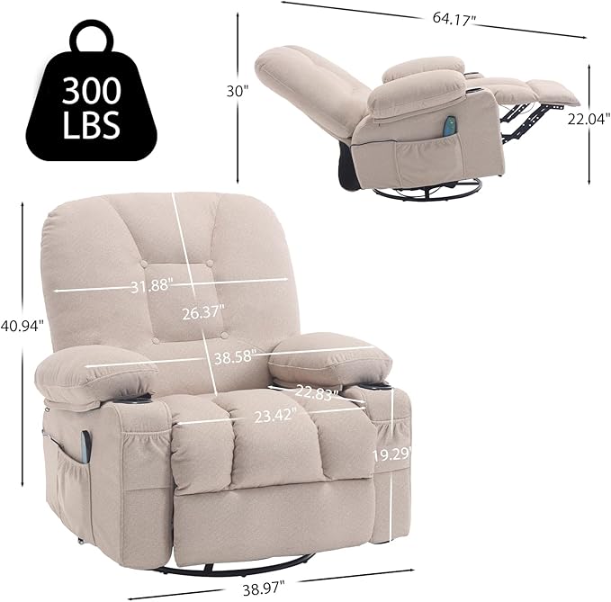 Massage Recliner Chairs for Adults, Rocker Recliners with Massage and Heat, Fabric Overstuffed Swivel Glider with Cup Holder Side Pocket, Manual Rocking Sofa Chair for Living Room, Beige