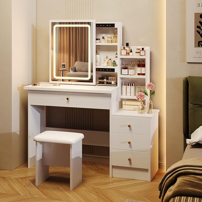 Vanity Desk with Mirror and Lights, Makeup Vanity with 3 Adjustable Lighting Modes, Small Vanity Desk with Sliding Mirror, 4 Drawers, 7 Shelves, Vanity Chair for Bedroom White