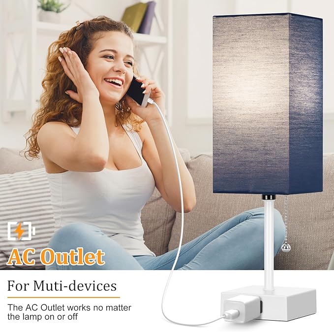 Table Lamp for Bedroom set of 2,3-Color Bedside Lamps with Pull Chain Table Lamps for Nightstand with AC Outlets,Small Night Light Lamps with 2 Bulbs Lamps for Living Room Kids Room Office Decor（Blue）