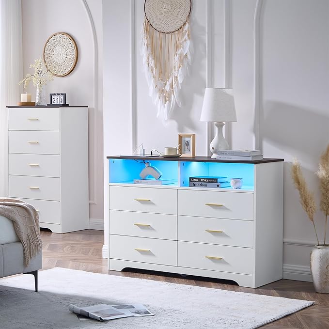 LIDYUK Dresser for Bedroom, Wood Dresser with 6 Drawers, Modern Minimalist Dressers & Chest of Drawers with Charging Station & LED Lights, 48 Inches TV Stand for Bedroom, Living Room, White
