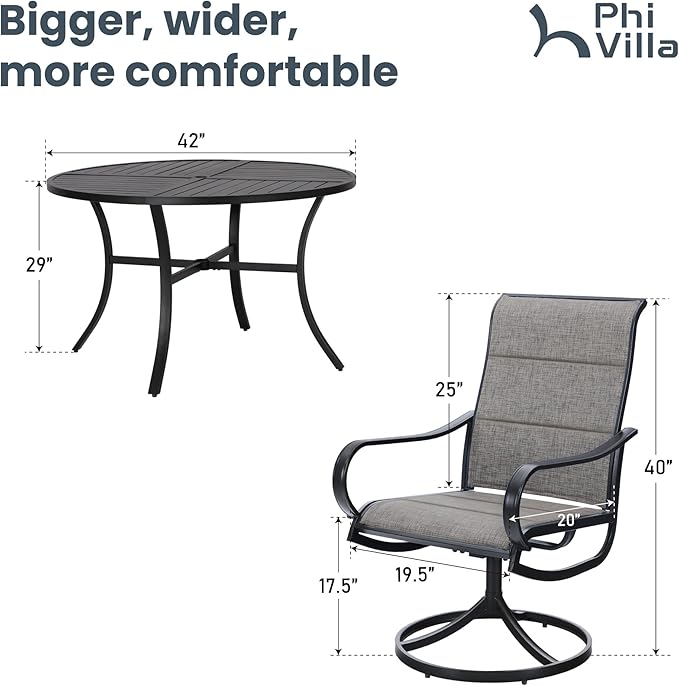 PHI VILLA Outdoor Patio Dining Set 5 Piece with 4 Padded Swivel Dining Chairs & 1 Large Round Dining Table, Textilene Mesh Fabric Chair and 42" Metal Table for All Weather
