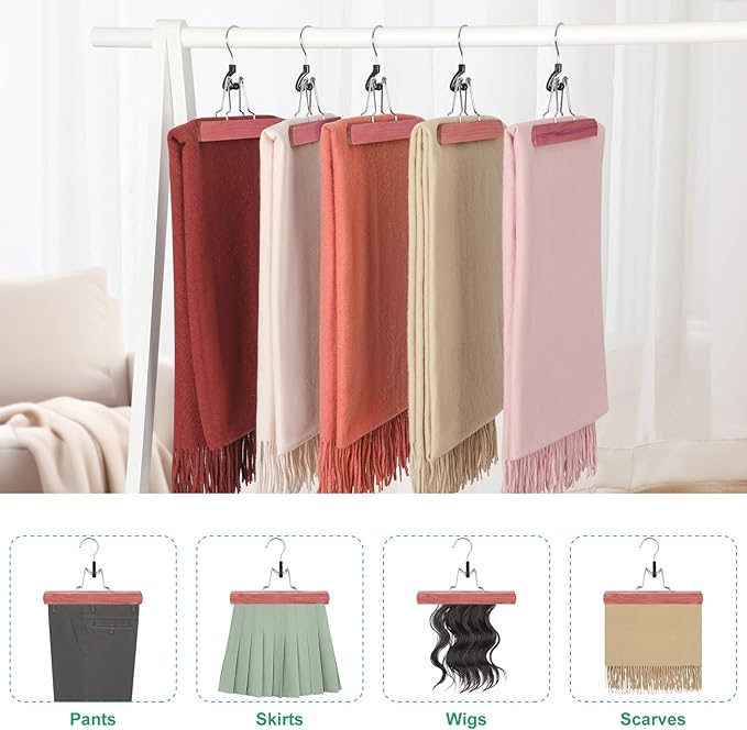 TOPIA HANGER 12 Pack Cedar Pants Hangers, Hair Extension Hangers Non Slip Skirt Hanger Wood Clamp with Velvet Padded 360° Swivel Hook for Jeans, Skirts, Trousers, Wigs CT67C