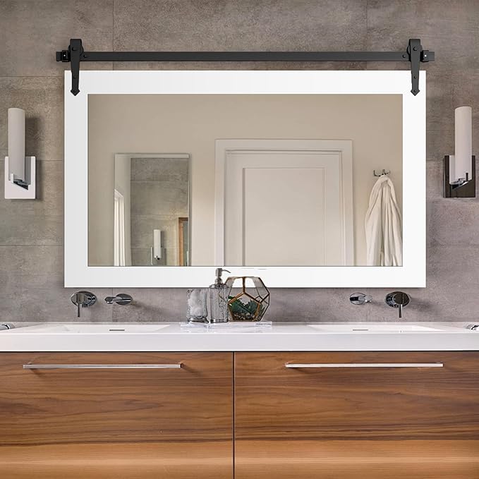 Farmhouse Barn Door Mirror - 42" x 28" Rustic Wood Framed Wall Mirror for Bathroom, Living Room, Bedroom Wall Decor (Bright White)