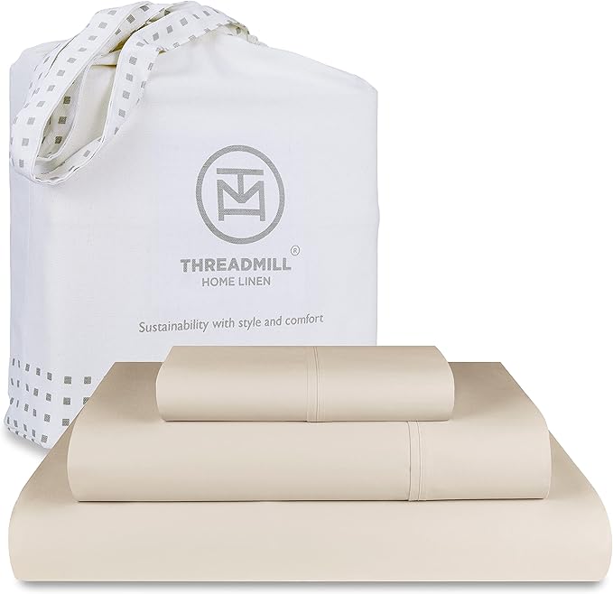 Threadmill - 5 Star Hotel Twin Sheet Set 100% Cotton Sheets, 500 Thread Count, Deep Pocket, Snug Fit, Soft & Crisp Best Bedding Sheets Set 3 Piece Set (Twin, Beige)