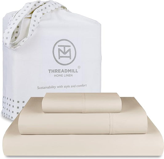 Threadmill Luxury 800 Thread Count 100% Cotton Sheets - Sateen Weave Twin XL Bed-Sheets, Better Than Egyptian Cotton,3 Pc Solid Soft Bedding Set (Light Beige), Fits 15" Deep Pocket