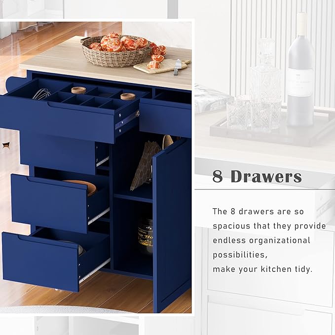 Rolling Mobile Kitchen Island Cart Breakfast Bar with Spice & Towel Rack, 8 Drawers and 5 Wheels for Dining Room