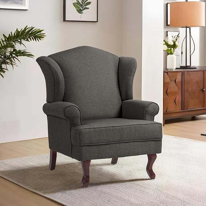 Accent Chair, High Back Upholstered Armchair with High Resilience Sponge & Wood Legs, Mid-Century Modern Comfy Single Sofa Reading Chairs for Living Room, Bedroom (Dark Grey, Set of 1)