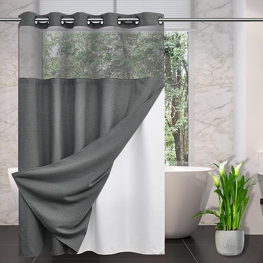 No Hooks Required Long Waffle Weave Shower Curtain with Snap in Liner-Hotel Grade Waterproof & Mesh Top Window Spa Like Bath Curtain Machine Washable Heavy Duty 71''W x 86''H Grey