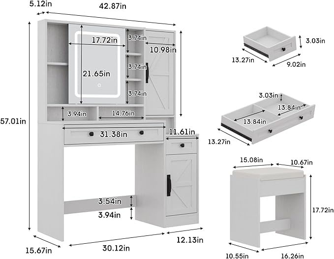 Vabches Makeup Vanity Desk with Mirror and Lights, Farmhouse Vanity Mirror with Lights Desk and Chair, White Vanity Table with Charging Station and Storage, Dressing Table Set for Bedroom Room