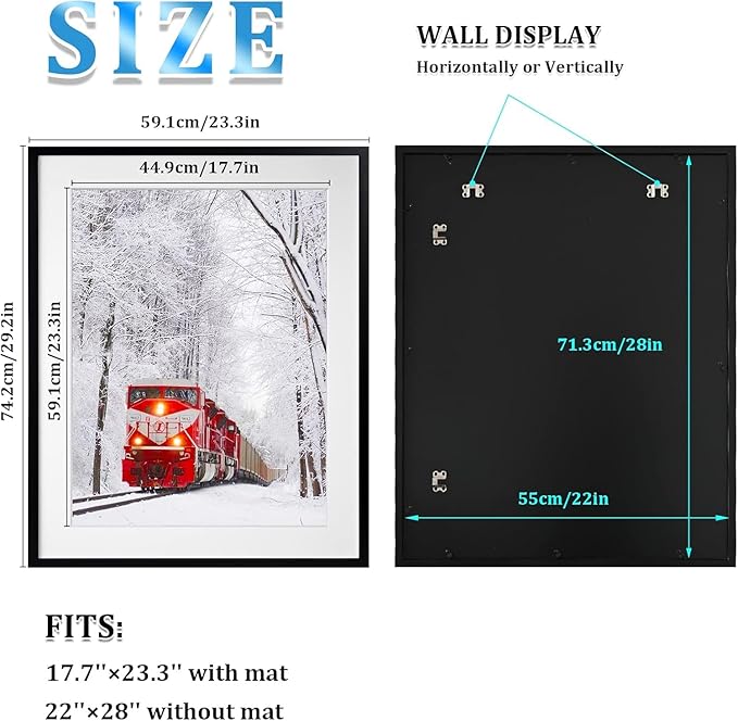 Egofine 22x28 Solid Wood Picture Frame, Made of Solid Wood Covered by Plexiglass 18x24 with Mat 22x28 without Mat, Poster Frame for Wall Mounting Hanging Photo Frame Vertically or Horizontally, Black