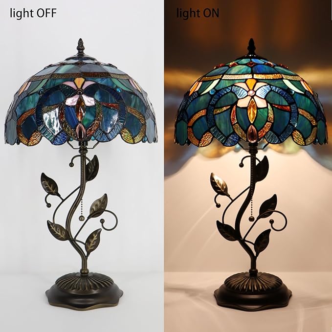 Tiffany Table Lamp, Stained Glass Desk Light, W12H19 Inch, Metal Leaf Base (Blue Baroque Style)