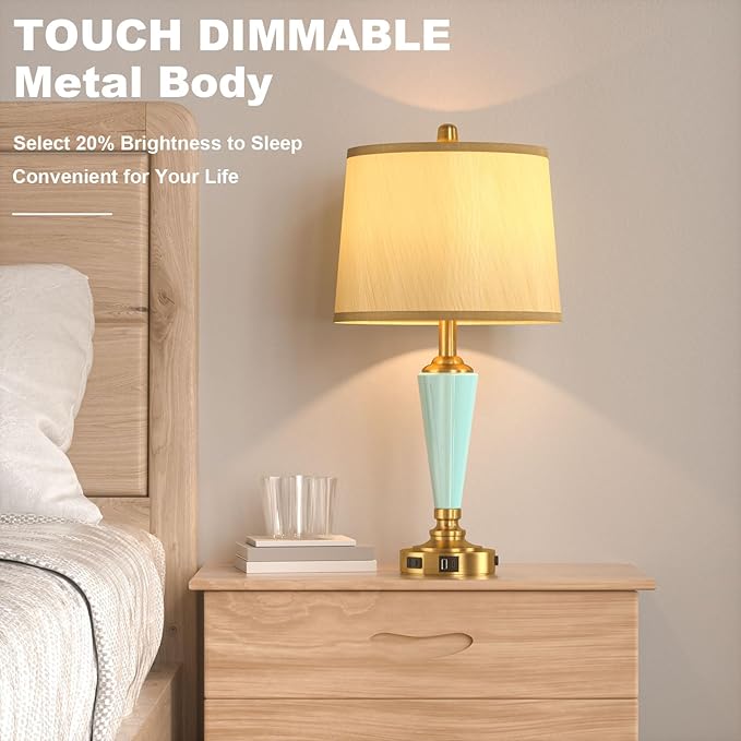 24" Ceramic Table Lamp with 3 Way Dimmable Touch Lamps - 2 USB Ports & AC Outlet Bedside Lamps, Modern Nightstand Lamp for Bedroom Living Room Office (Bulb Included) (Sky Blue-2 Pack)