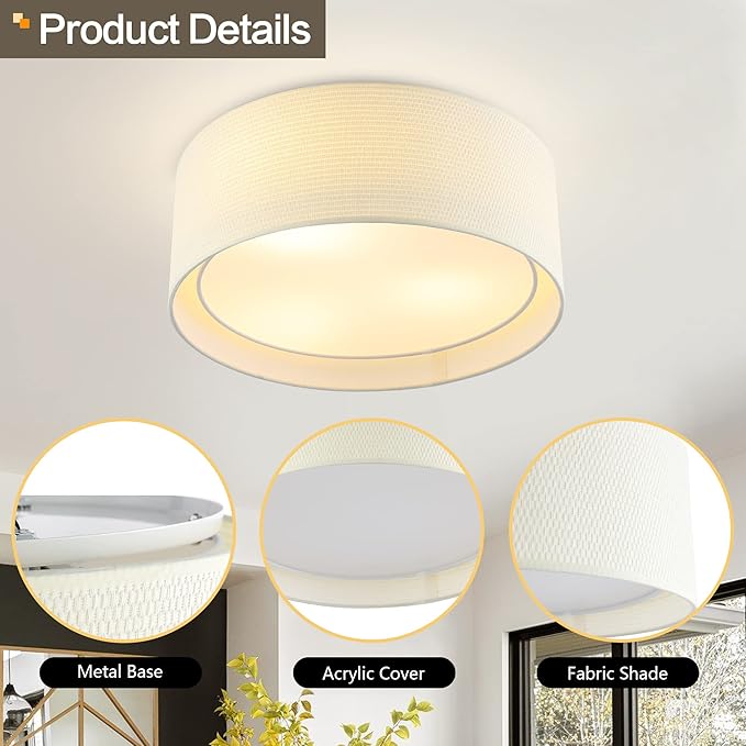 WINGBO 15.7" Modern 3-Light Flush Mount Ceiling Light Fixture with Fabric & Acrylic Double Drum Shade for Bedroom Living Room Dining Room Hallway Entryway, Beige