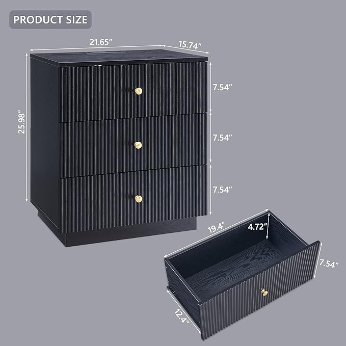 Fluted Night Stand with Charging Station, 21.65" Black Nightstand with 3 Drawer, 3 Drawer Dresser for Bedroom, Morden End Table Chests of Drawers Bedside Table for Bedroom, Living Room,Black