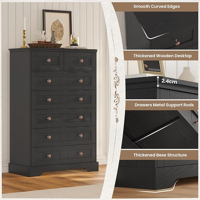 Hasuit Black Dresser for Bedroom, Farmhouse 7 Drawers Dresser, 51.4"Tall Dressers Chest of Drawers with Hand Carved Panel, Large Wood Closet Storage Organizers Dressers for Bedroom Living Room Hallway