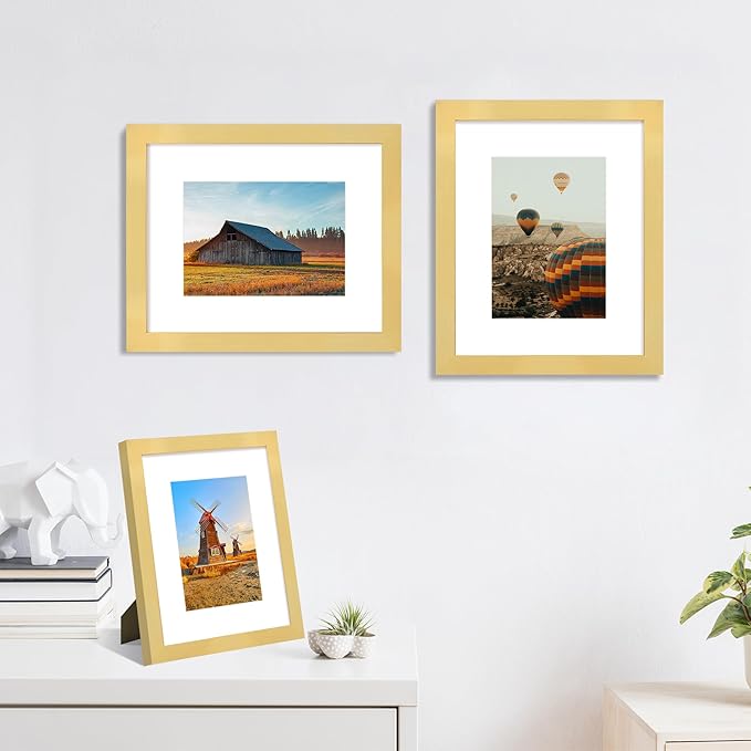 8x10 Picture Frame Set of 4, High Definition Real Glass, Display Pictures 5x7 with Mat or 8x10 Without Mat, Gallery Wall Hanging or Tabletop Photo Frames, Gold