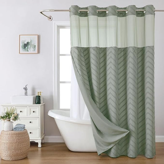 Long No Hook Tufted Chevron Striped Shower Curtain with Snap-in Fabric Liner set-71Wx80H(78H),Sage Green Hotel Grade Boho Style Shower Curtain with See Through Top Window,Water Repellent
