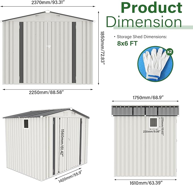 8 x 6 FT Outdoor Storage Shed, Metal Garden Tool Shed with Slooping Roof, Lockable Doors and Aluminum Frames, Easy to Assemble for Garden, Patio, Lawn, White+Black