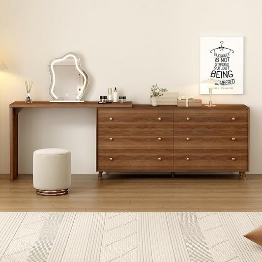 Makeup Vanity Desk Set with Cloud-Pattern HD Lighted Mirror and Stool, 60-100in Extendable Modern Vanity Table, 6-Drawer Solid Wood Frame Storage Cabinet, Bedroom Dressing Table, Brown