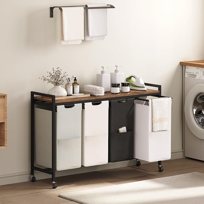 HOOBRO Laundry Sorter 4 Sections, Laundry Hamper with Wheels, 4 × 10.5 Gal (40 L), Rolling Laundry Basket, Pull-Out and Removable Oxford Fabric Bags, Rustic Brown BFE04XY01