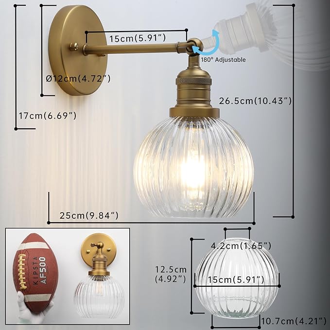 Vintage Wall Sconce 1-Light with Clear Striped Glass Globe Shade, Hardwired Modern Indoor Wall Vanity Light Fixture for Farmhouse Living Room Bedroom Bathroom