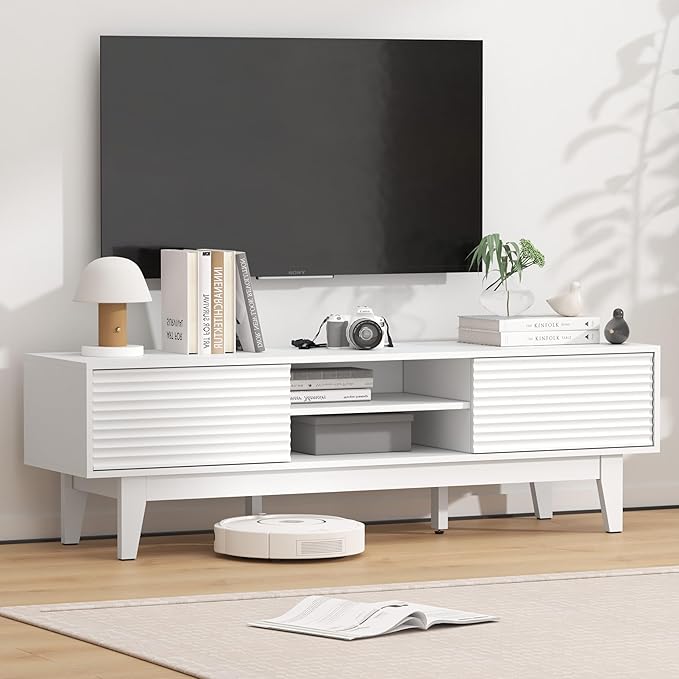 Wooden Fluted TV Stand for 55 65 70 inch TV, Long & Large TV Media Console Table with Storage Cabinets, Boho Farmhouse Entertainment Center for Living Room, Bedroom - White