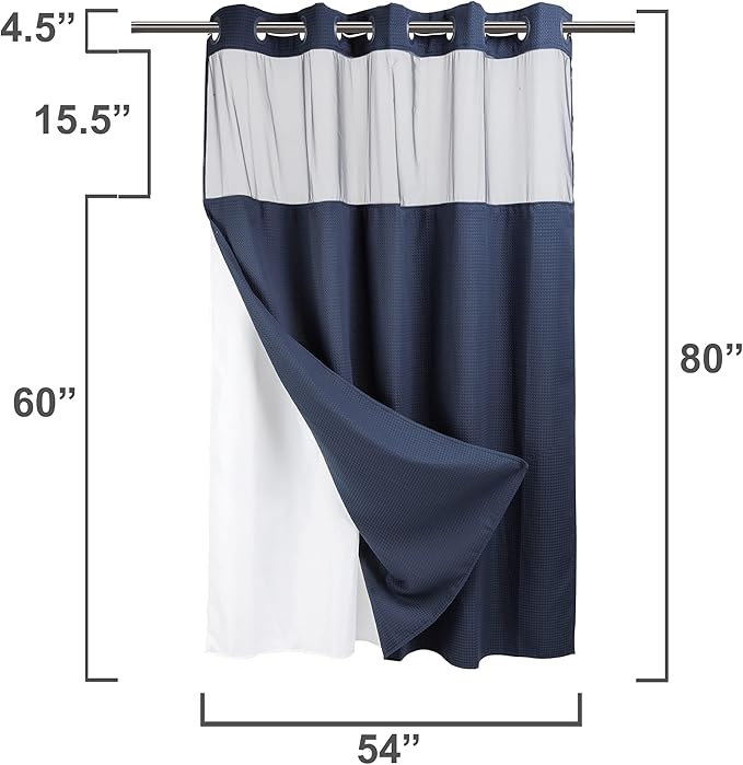 River Dream Heavyweight No Hooks Required Dotted Waffle Weave Shower Curtain with Snap in Liner -Stall 54W x 80H,Hotel Grade,Spa Like Bath Curtain,Navy