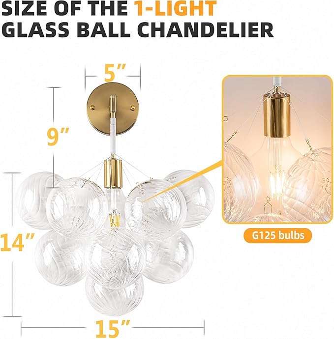 Bubble Wall Sconce, Hand Blown Wall Lights 15“ Dia Balls Shade Glass Lighting Wall Sconces, Clear Glass Wall Mounted Light Fixture for Living Room, Dining Room, Corridor, Bedroom