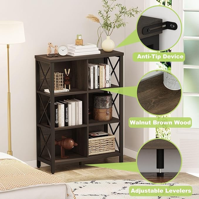 FATORRI 6 Cube Storage Organizer Shelf, Rustic Wood and Metal Cubby Bookcase, Industrial 4 Tier Cube Bookshelf (Walnut Brown)