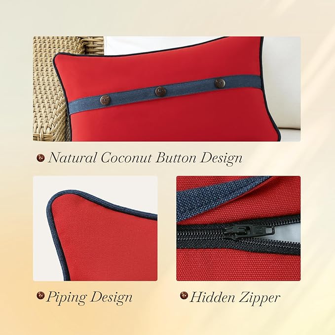 Outdoor Sunbrella Decorative Pillows with Triple Coconut Buttons Pack of 4, 20" x 12" Outdoor Pillow Set for Couch Bed Throw Patio Sofa, Canvas Logo Red/Specrtum Indigo